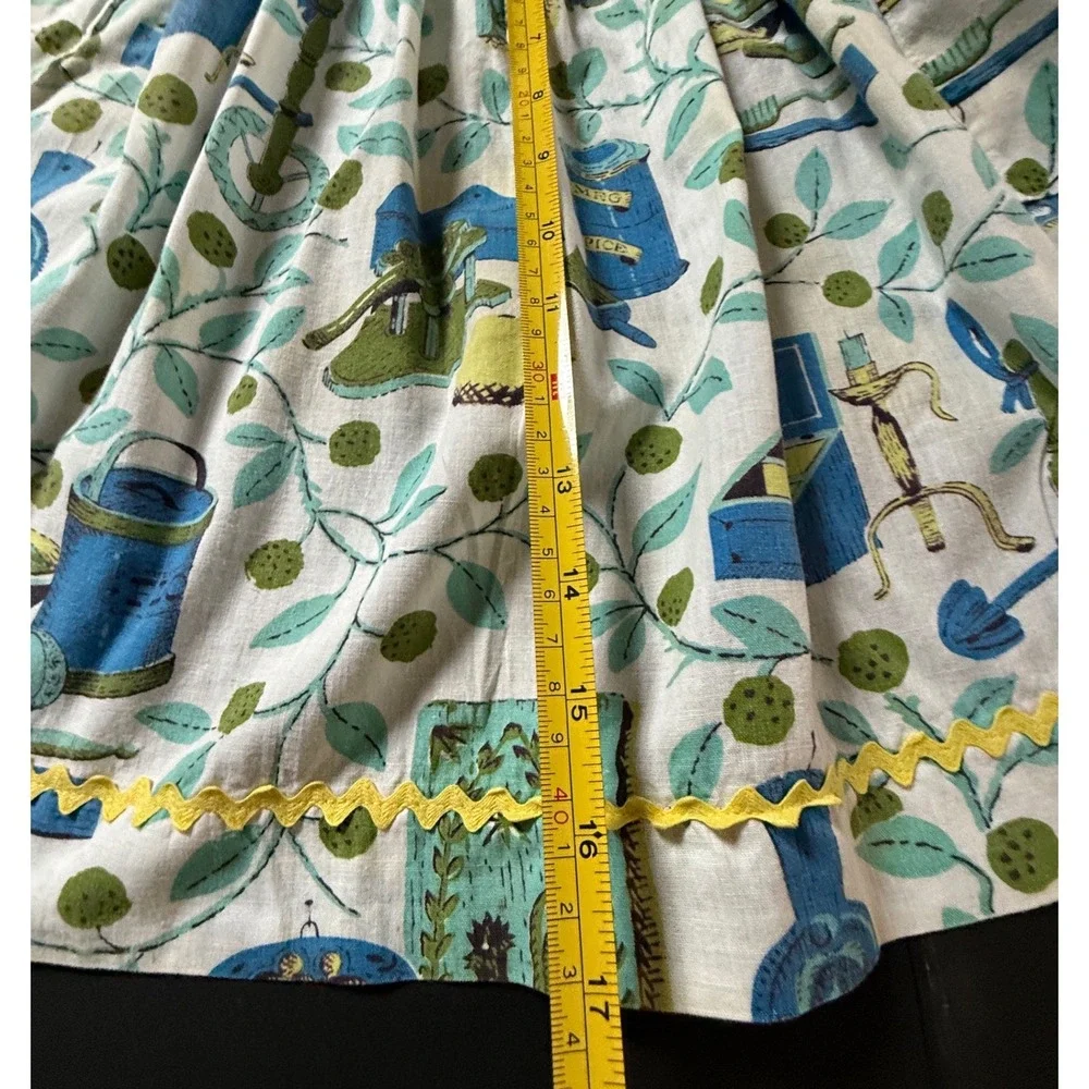 Vintage MCM Novelty Kitchen Print Half Apron Rick Rack Blue Green 1950s 60s